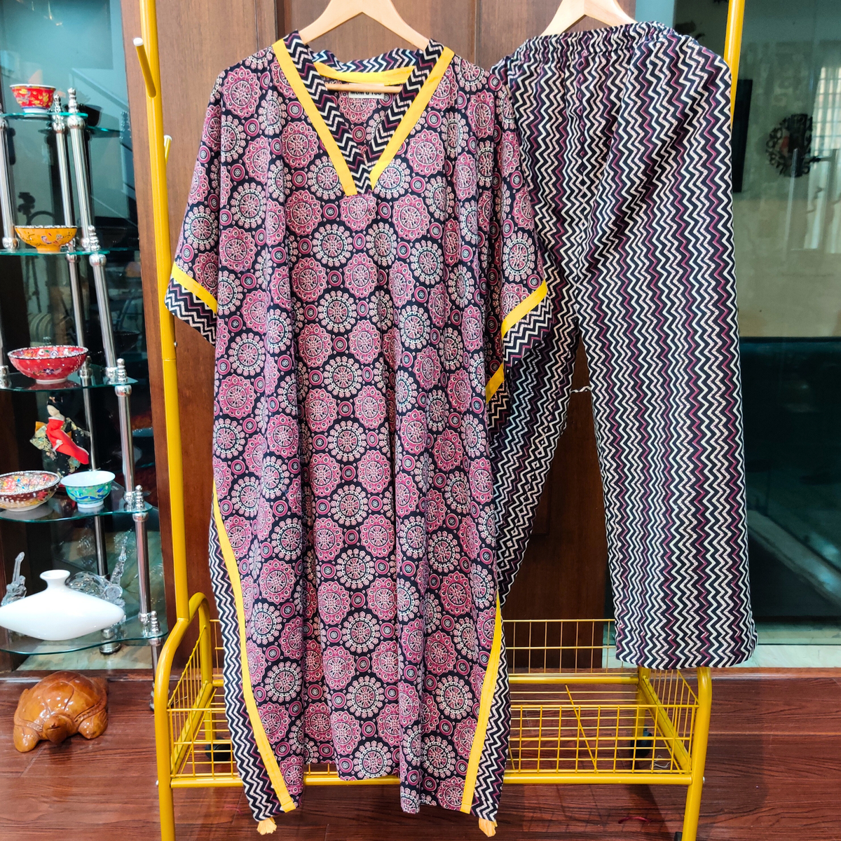 Black Ajrakh Kurta Kaftan Cotton Stitched Co-Ord Set - Mom & You Clothing