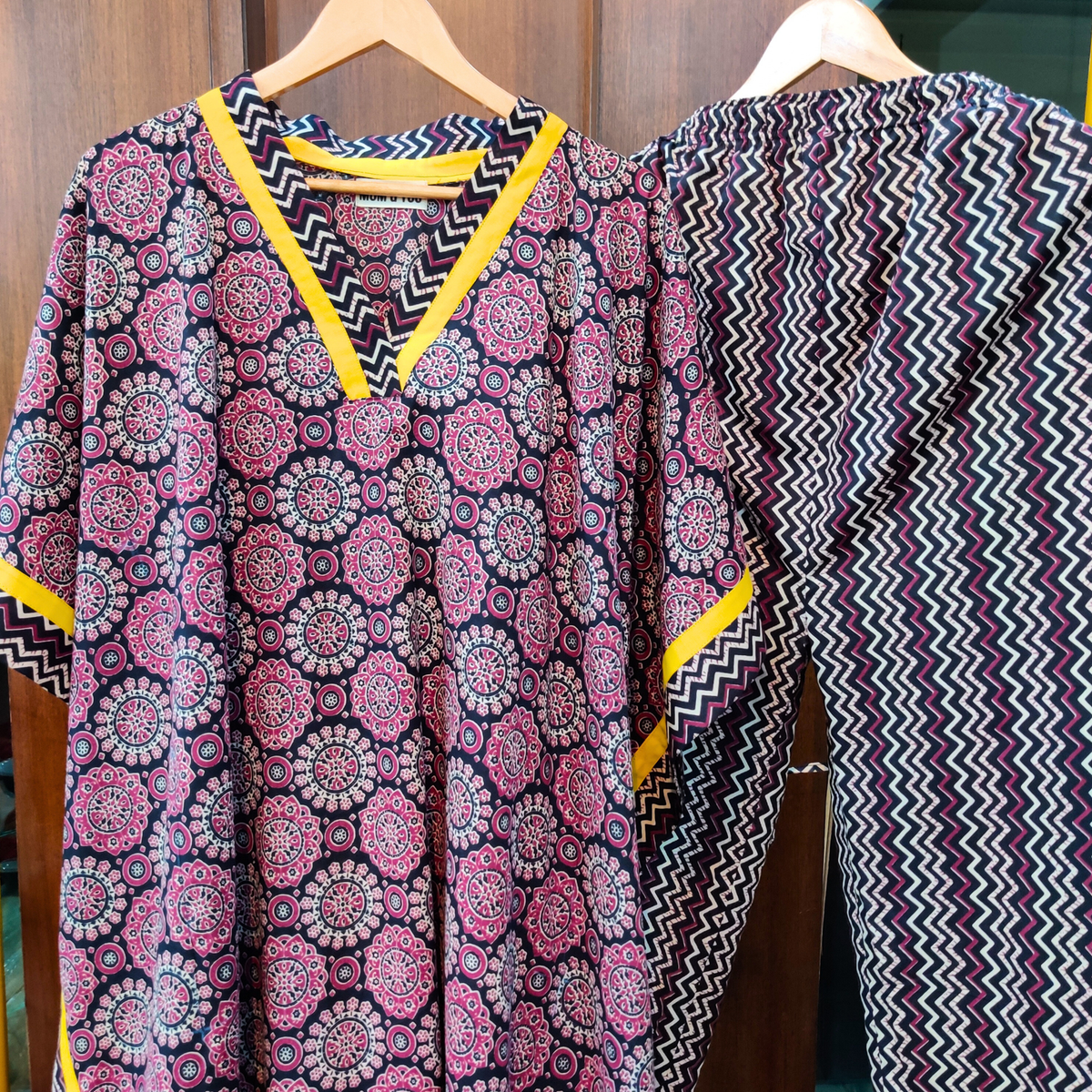Black Ajrakh Kurta Kaftan Cotton Stitched Co-Ord Set - Mom & You Clothing