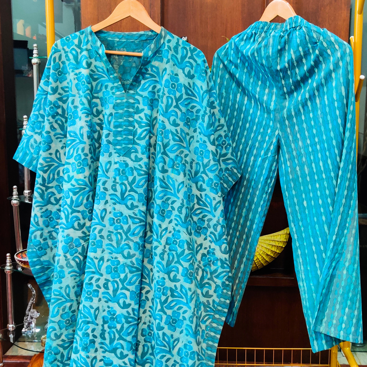 Blue Dabu Kurta Kaftan Cotton Stitched Co-Ord Set - Mom & You Clothing