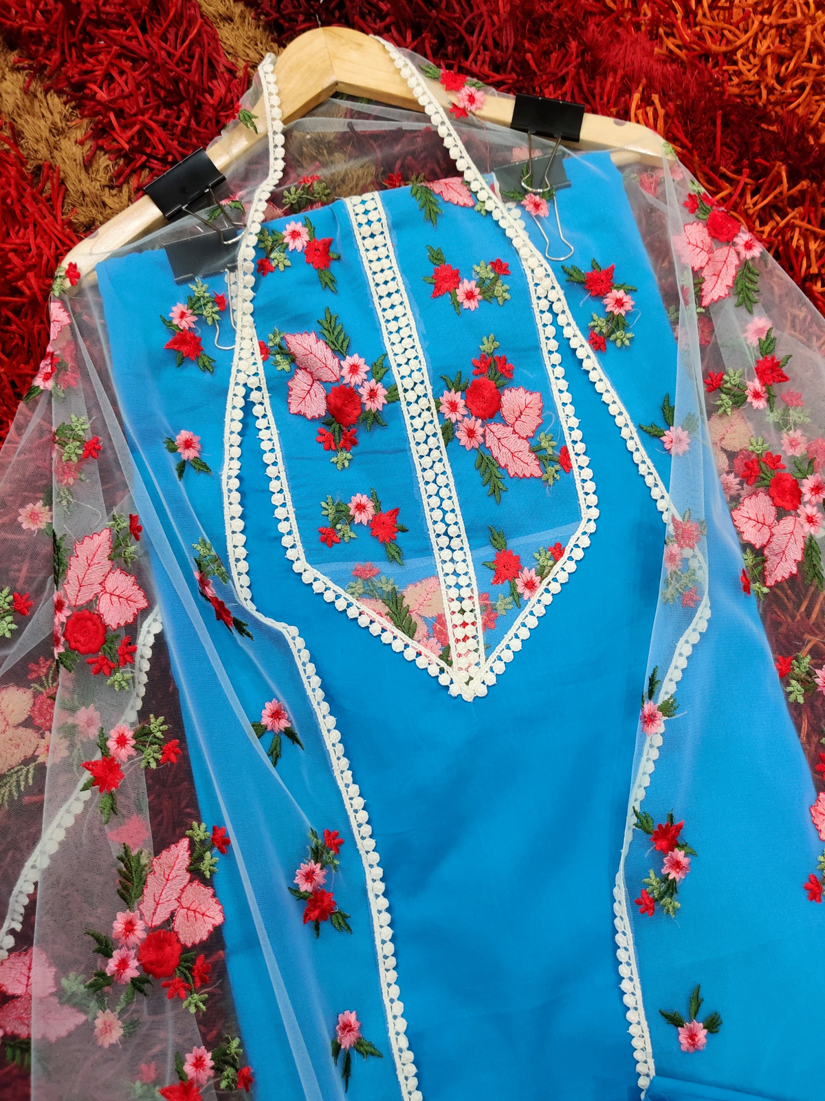 Blue Floral Lace Cotton Unstitched Dress Material Suit Set - Mom & You Clothing