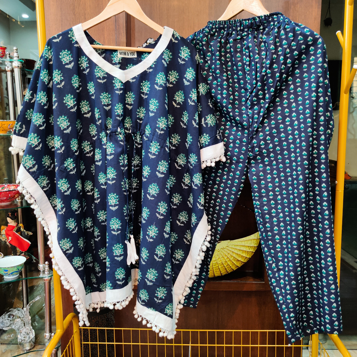 Blue Handblock Kurta Kaftan Cotton Stitched Co-Ord Set - Mom & You Clothing