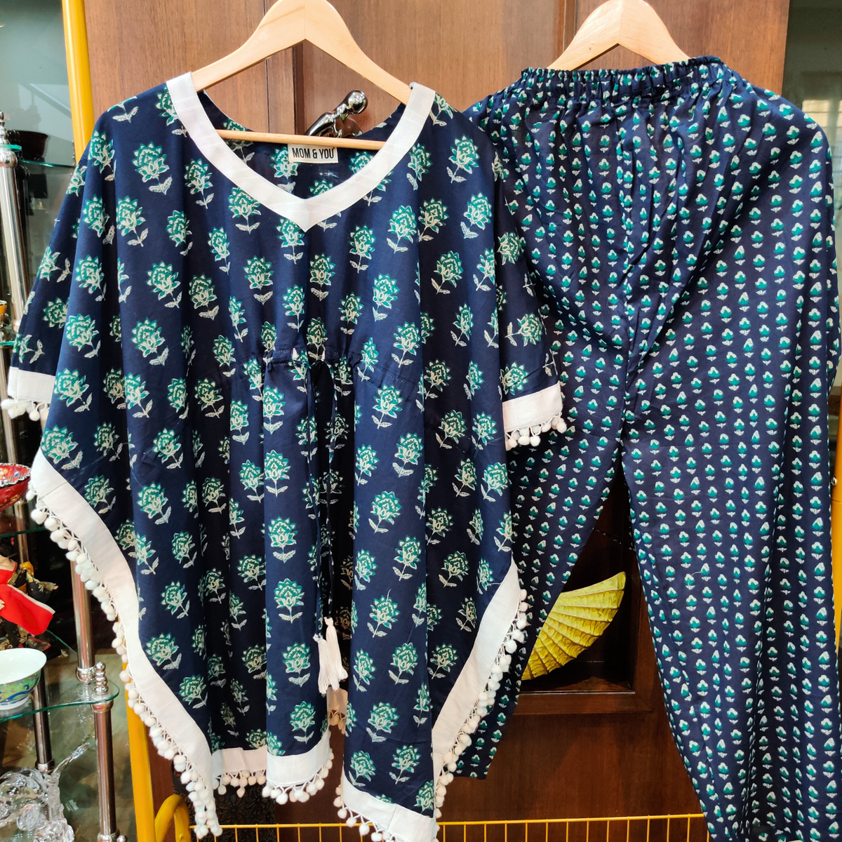 Blue Handblock Kurta Kaftan Cotton Stitched Co-Ord Set - Mom & You Clothing