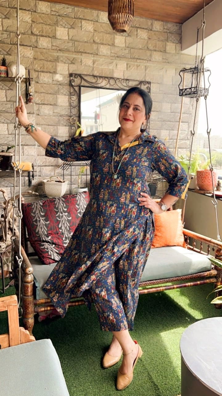 Blue Kalamkari Cotton Stitched Co-Ord Set - Mom & You Clothing