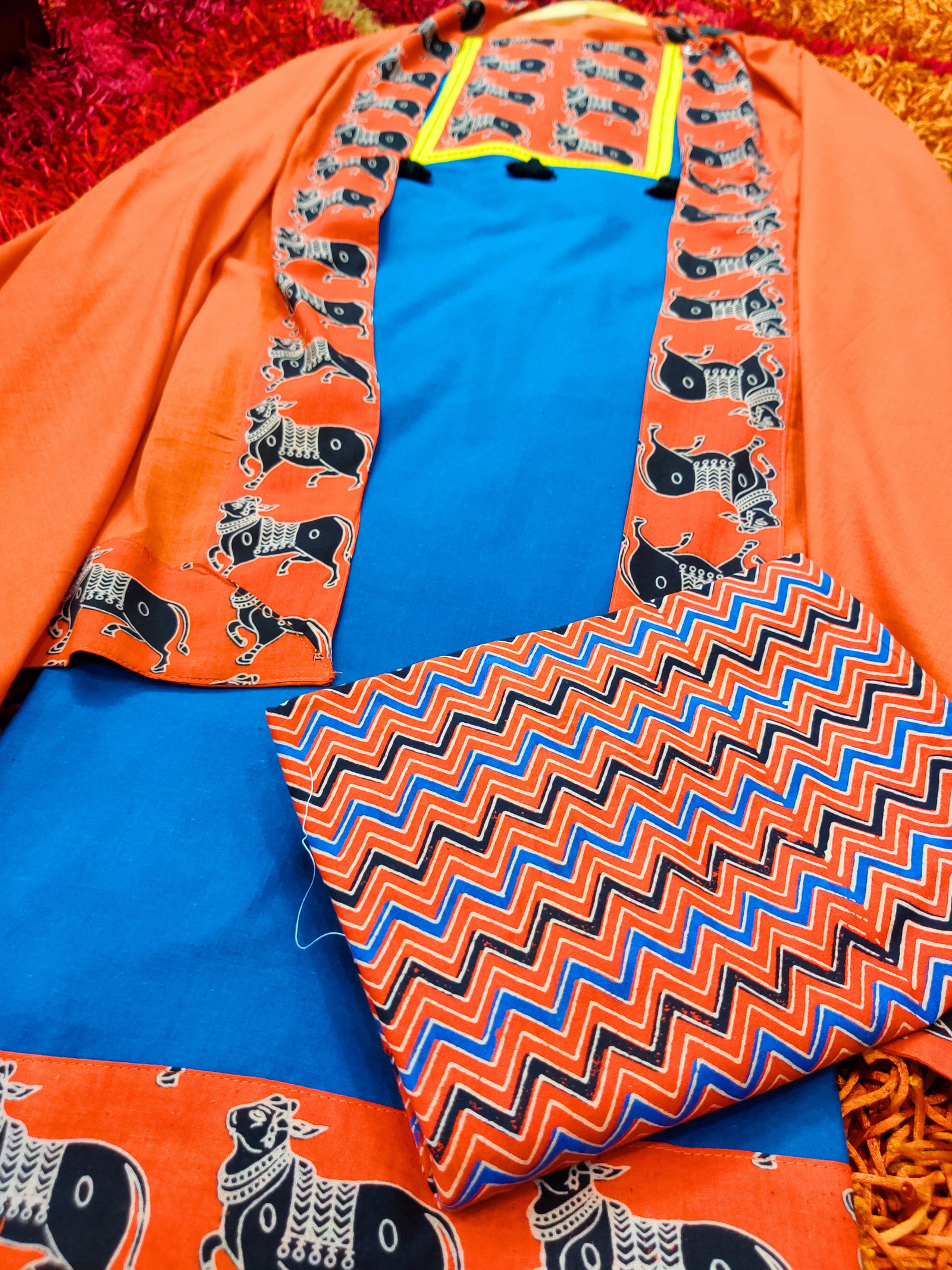 Blue Kalamkari Cotton Unstitched Dress Material Suit Set - Mom & You Clothing