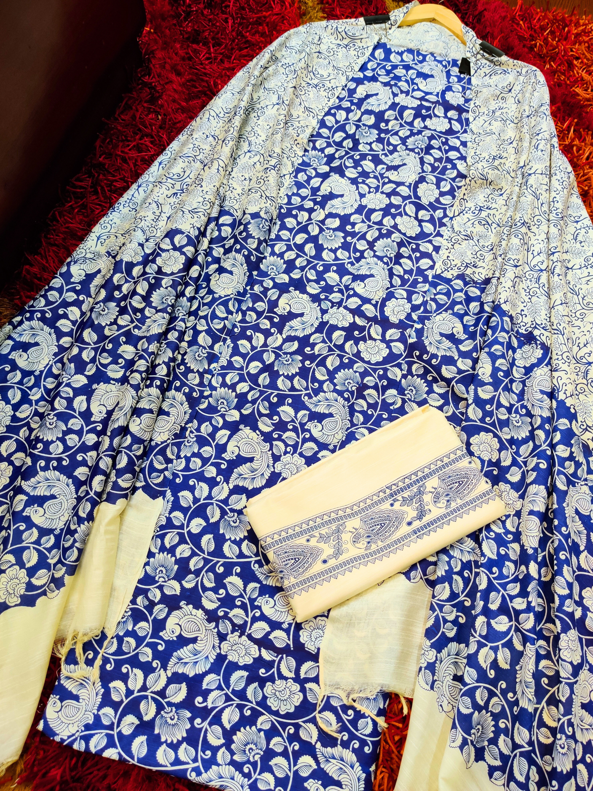 Blue Paisley Madhubani Cotton Silk Unstitched Dress Material Suit Set - Mom & You Clothing