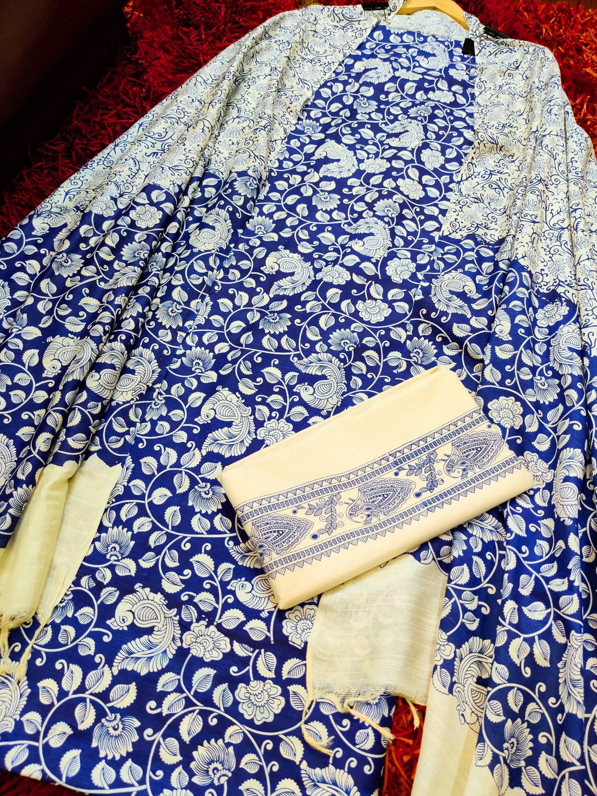 Blue Paisley Madhubani Cotton Silk Unstitched Dress Material Suit Set - Mom & You Clothing