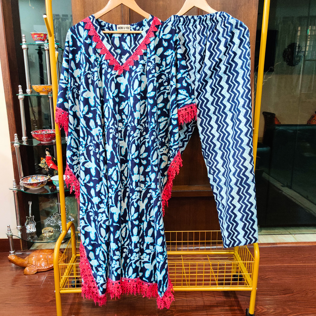 Blue handblock Kurta Kaftan Cotton Stitched Co-Ord Set - Mom & You Clothing