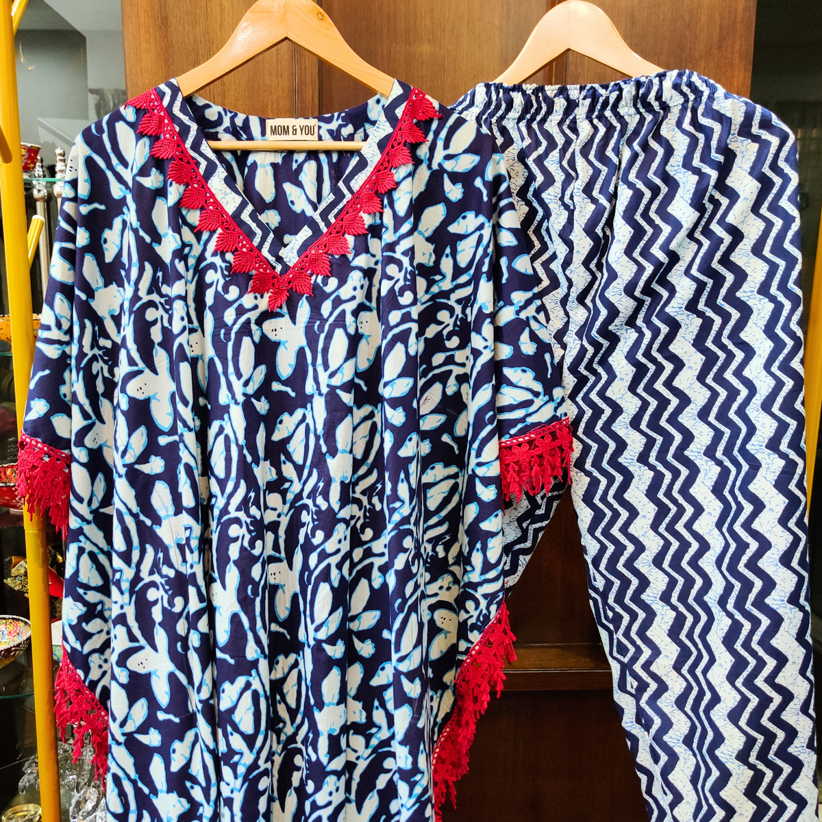 Blue handblock Kurta Kaftan Cotton Stitched Co-Ord Set - Mom & You Clothing