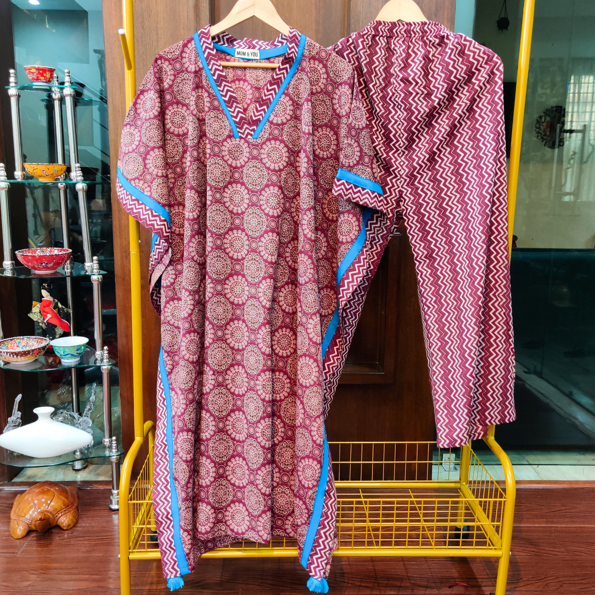 Brown Ajrakh Kurta Kaftan Cotton Stitched Co-Ord Set - Mom & You Clothing
