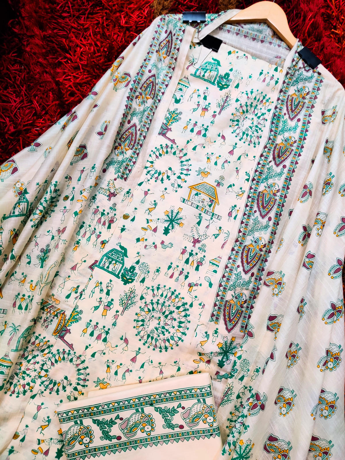 Cream Madhubani Cotton Silk Unstitched Dress Material Suit Set - Mom & You Clothing