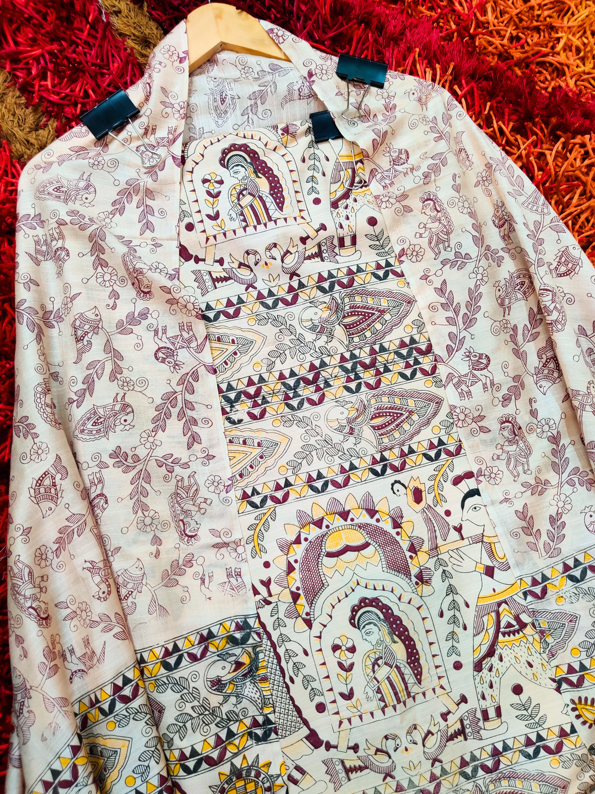 Cream Madhubani Cotton Silk Unstitched Dress Material Suit Set - Mom & You Clothing