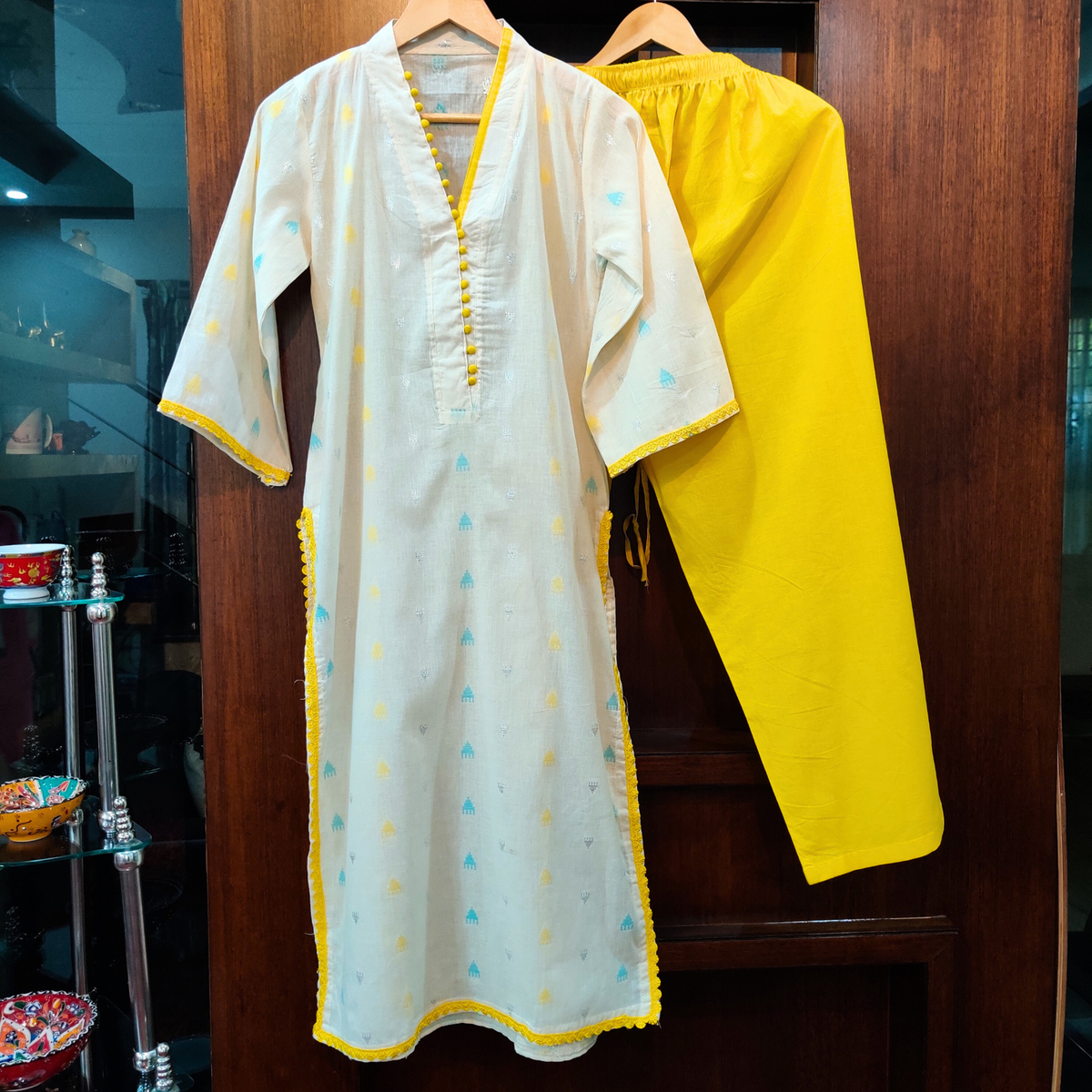 Cream and yellow Cotton Stitched Co-Ord Set - Mom & You Clothing