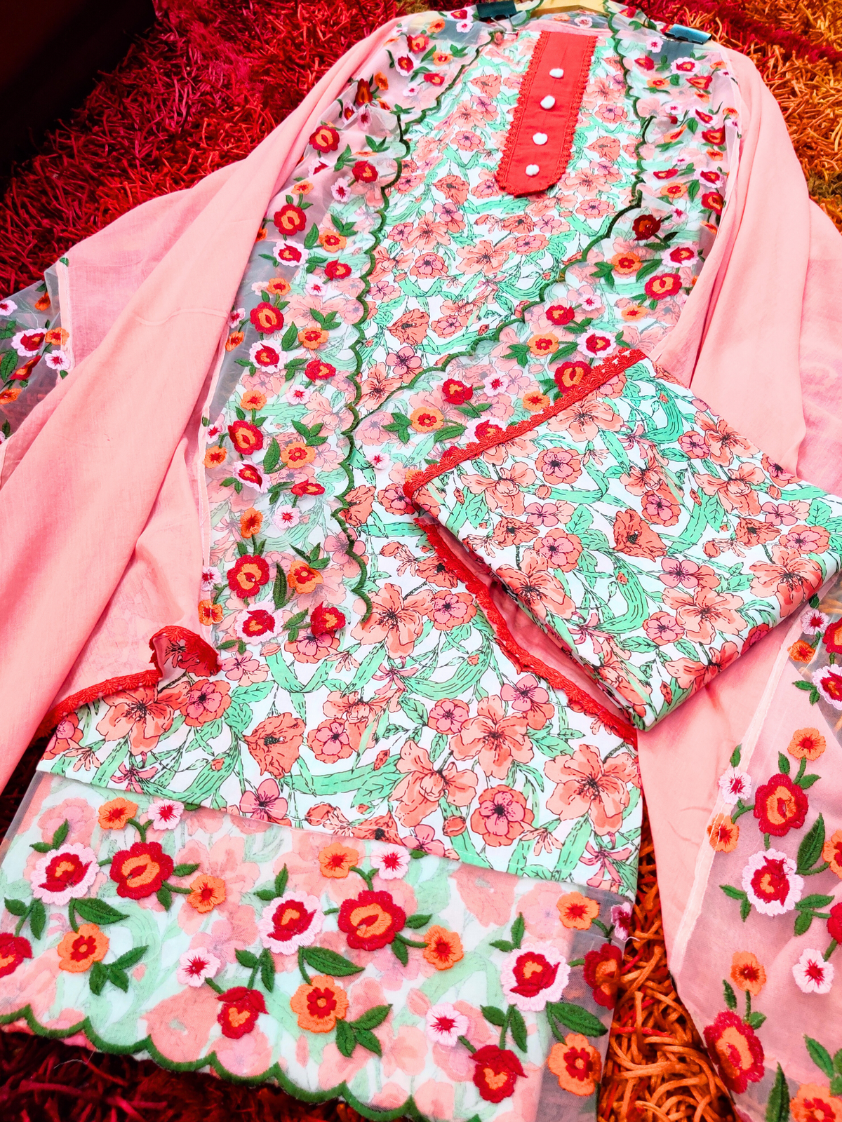 Floral Blockwork Cotton Unstitched Dress Material Suit Set - Mom & You Clothing