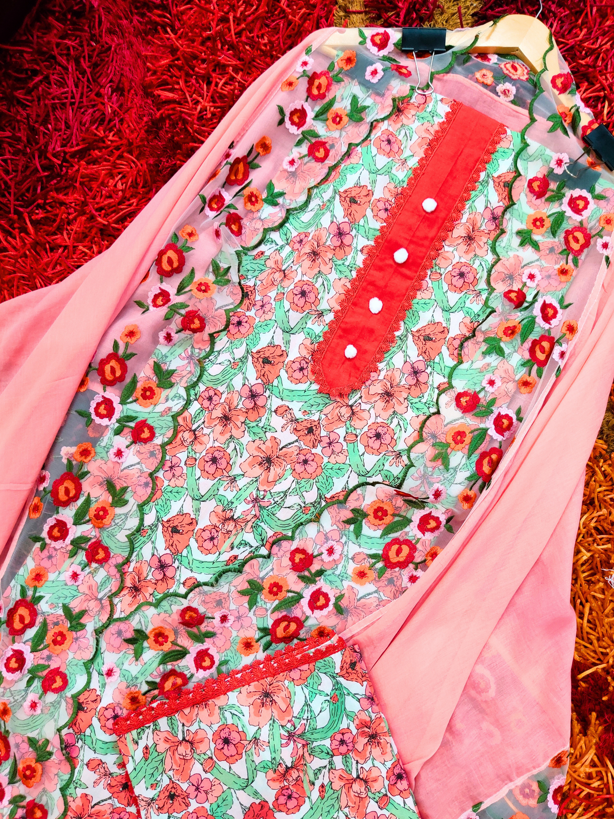 Floral Blockwork Cotton Unstitched Dress Material Suit Set - Mom & You Clothing