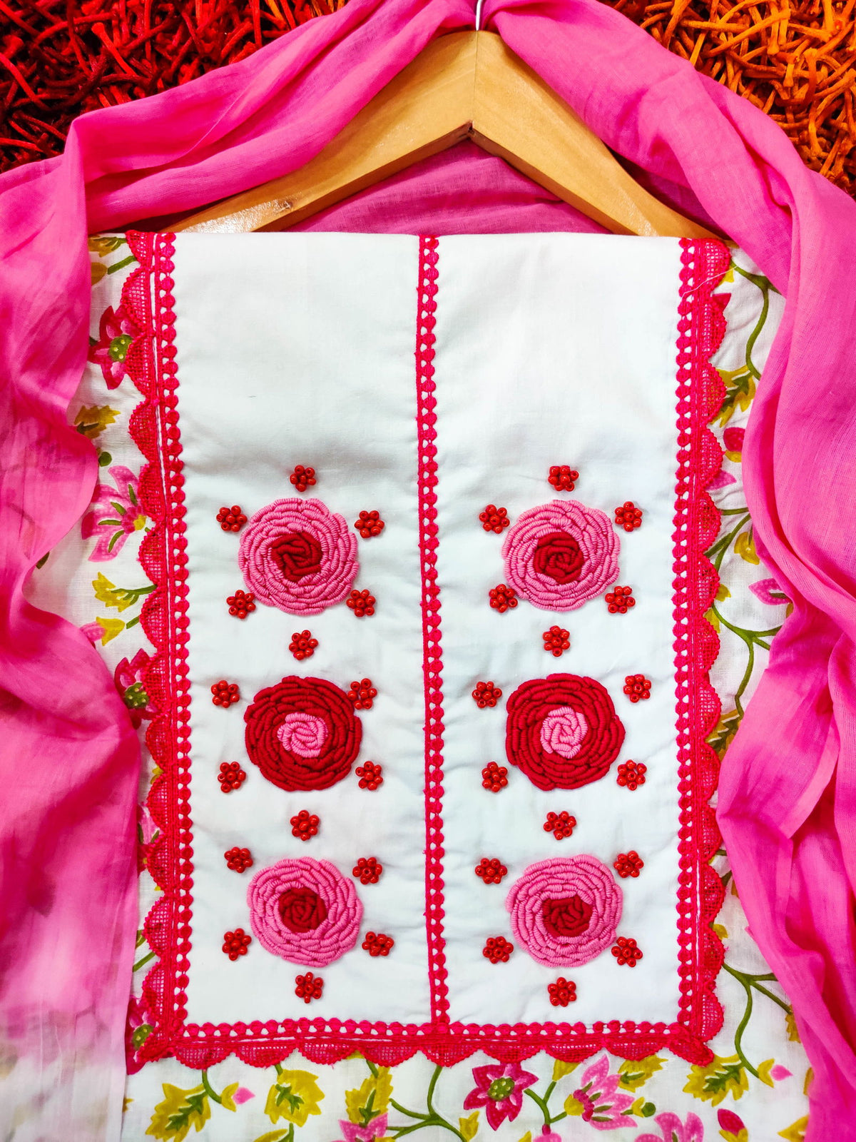 Floral Cotton Hand-Embroidered Patch Unstitched Dress Material Kurta Set with Magenta Lace Accents - Mom & You Clothing