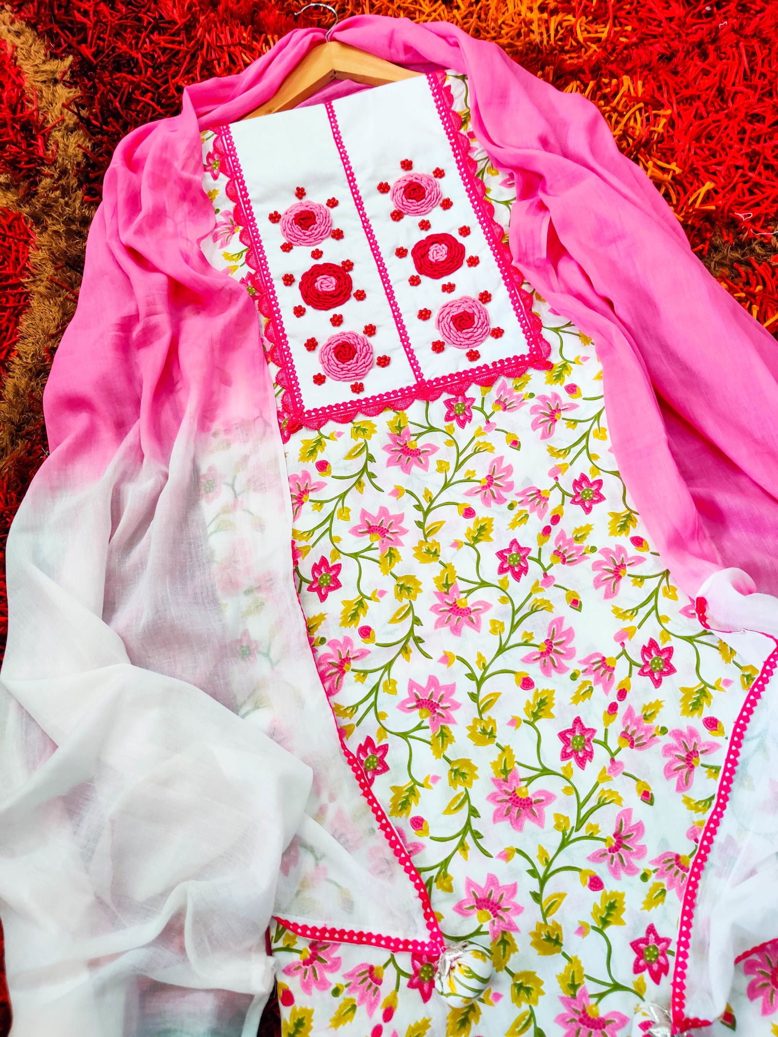 Floral Cotton Hand-Embroidered Patch Unstitched Dress Material Kurta Set with Magenta Lace Accents - Mom & You Clothing