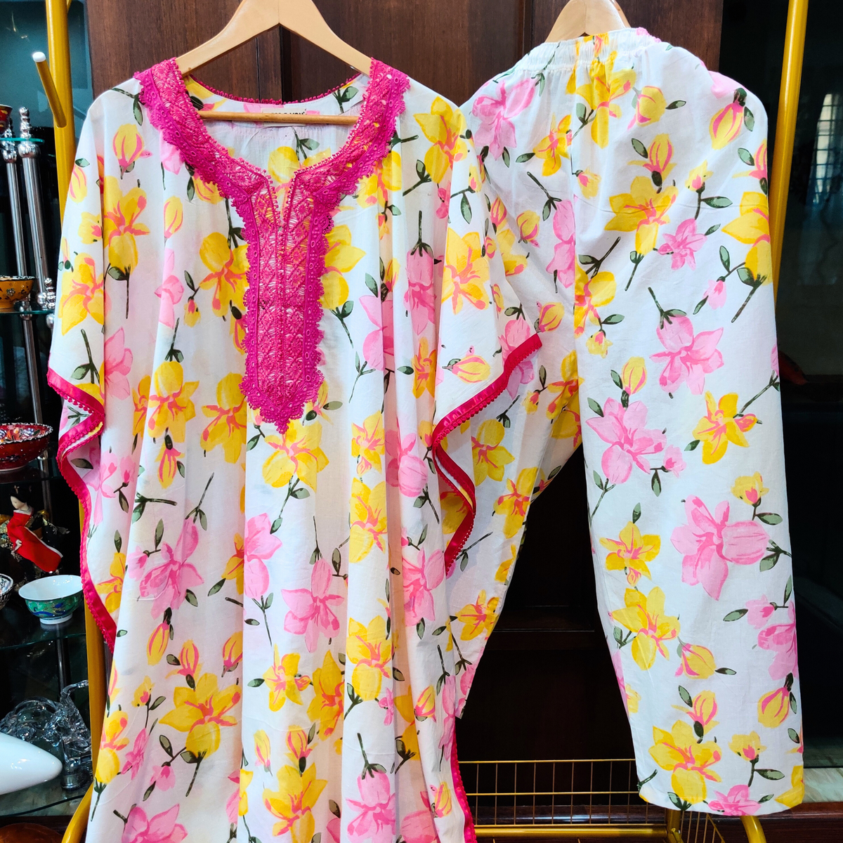 Floral Handblock Kurta Kaftan Cotton Stitched Co-Ord Set - Mom & You Clothing
