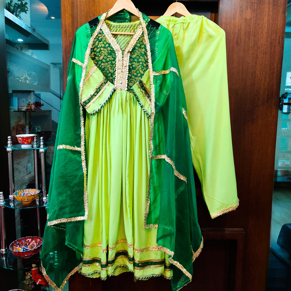 Green Cotton Stitched Anarkali Suit Set - Mom & You Clothing