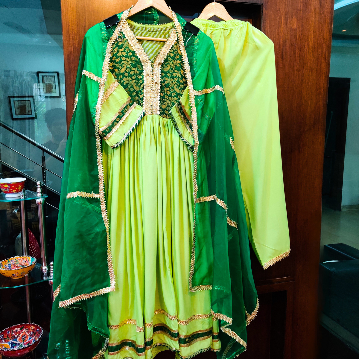 Green Cotton Stitched Anarkali Suit Set - Mom & You Clothing