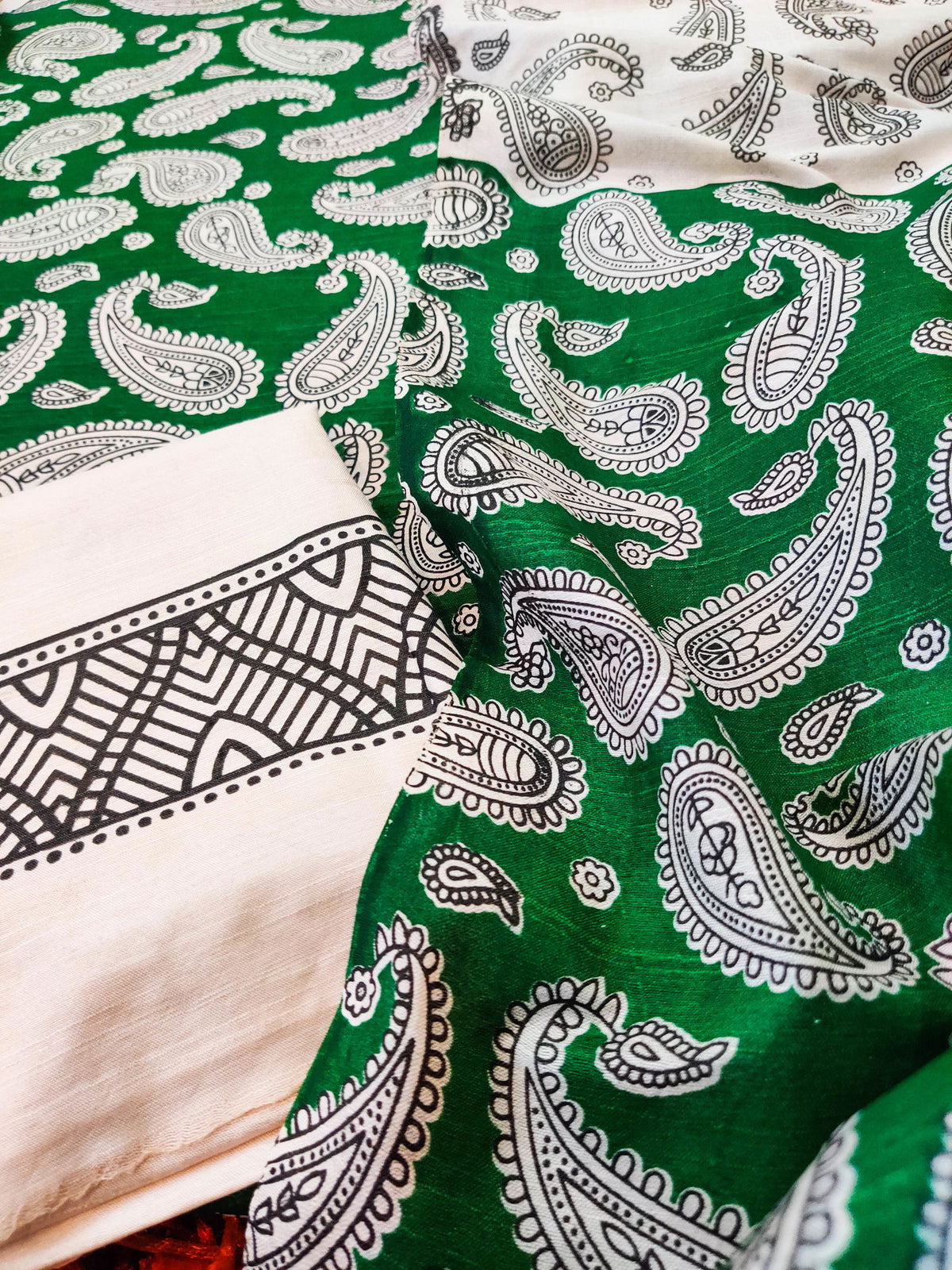 Green Paisley Madhubani Cotton Silk Unstitched Dress Material Suit Set - Mom & You Clothing
