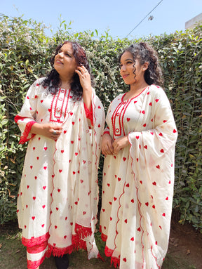 Cream Heart Embroidered Mirror Stitched Suit Set