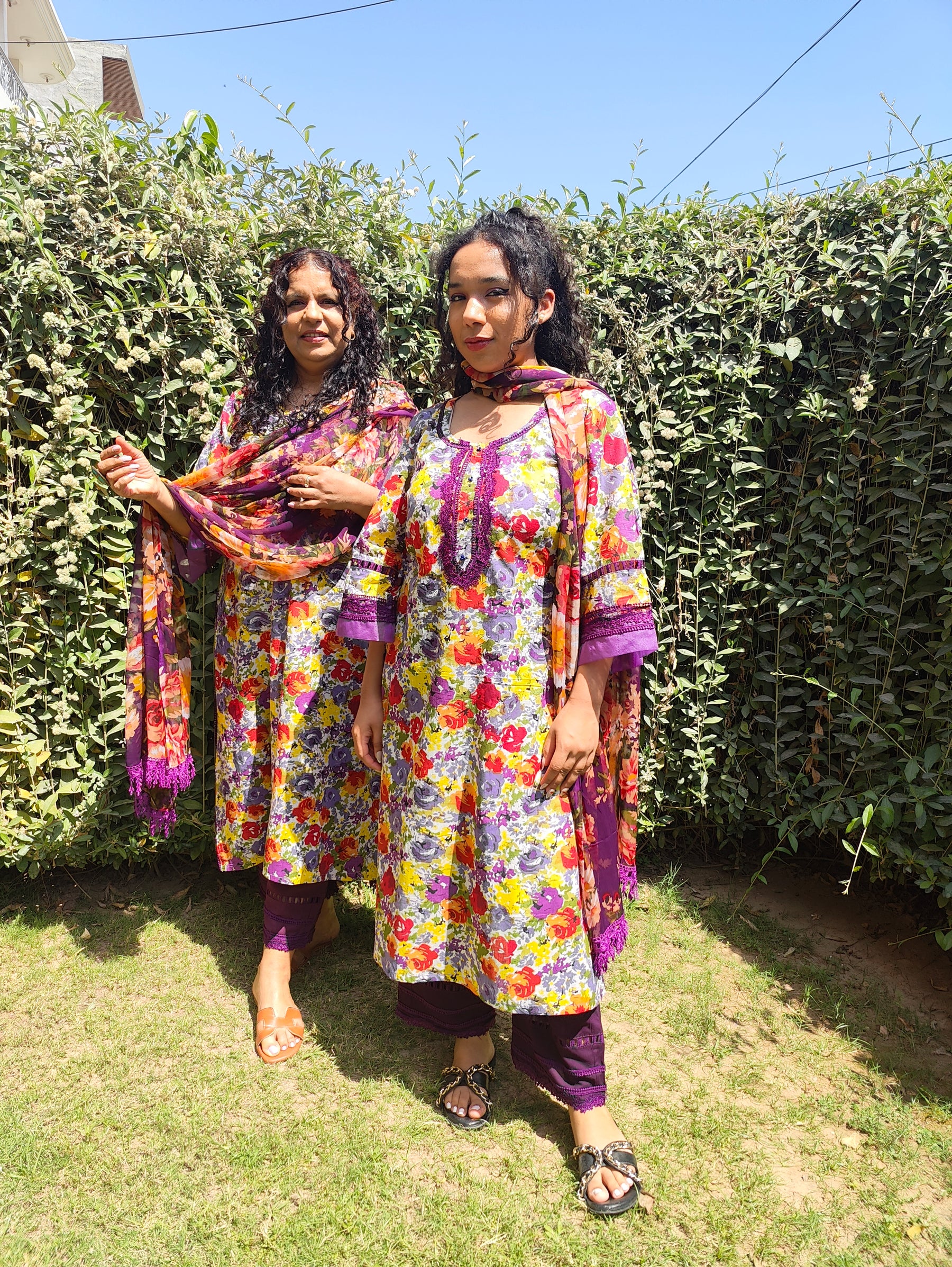 Purple Floral Handblock Cotton Stitched Suit Set