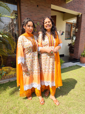 Yellow Digital Printed Brown Lace Cotton Stitched Suit Set