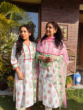 White Digital Printed Green Floral Lace Stitched Suit Set
