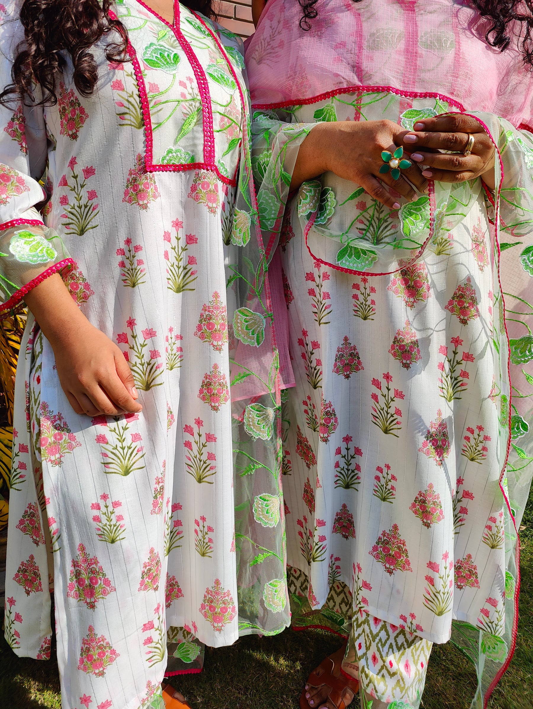 White Digital Printed Green Floral Lace Stitched Suit Set