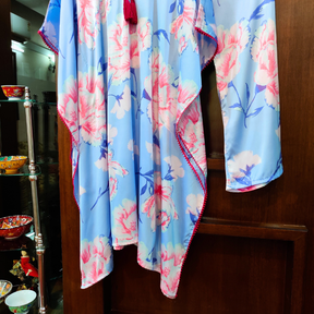 Ice Blue Digital Printed Satin Silk Kurta Kaftan Stitched Co-Ord Set - Mom & You Clothing