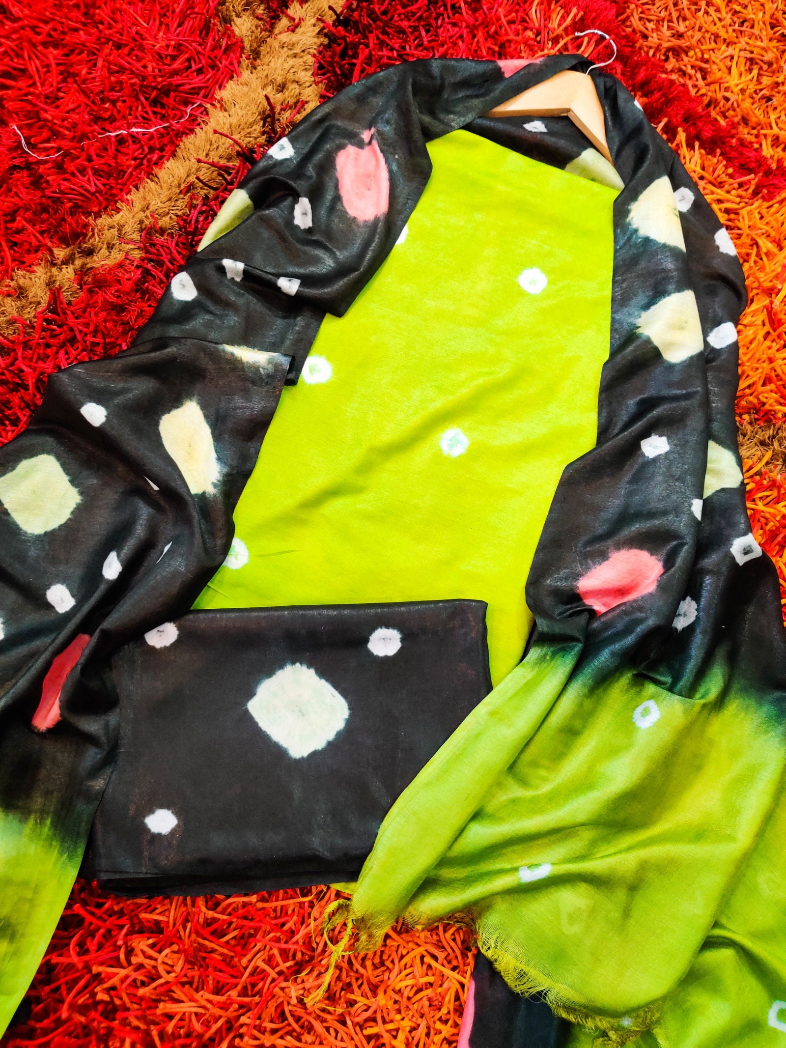 Lime Green Cotton Silk Bandhej Unstitched Dress Material Suit Set - Mom & You Clothing