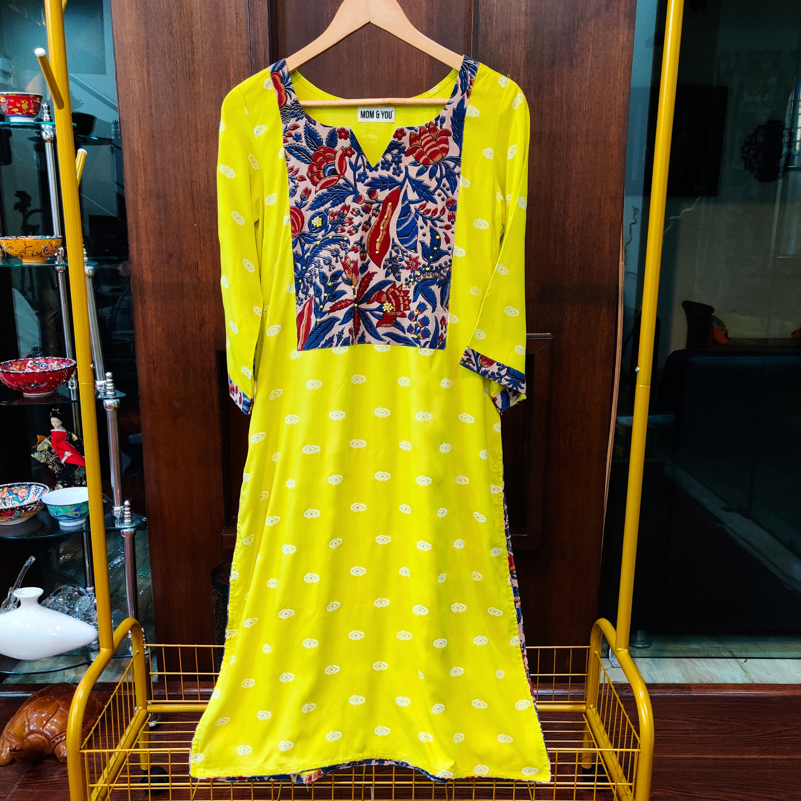 Lime Green Cotton Stitched Kurta - Mom & You Clothing