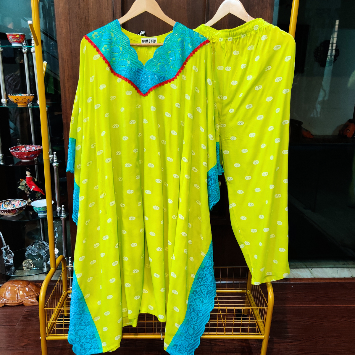 Lime Green Handblock Kurta Kaftan Cotton Stitched Co-Ord Set - Mom & You Clothing