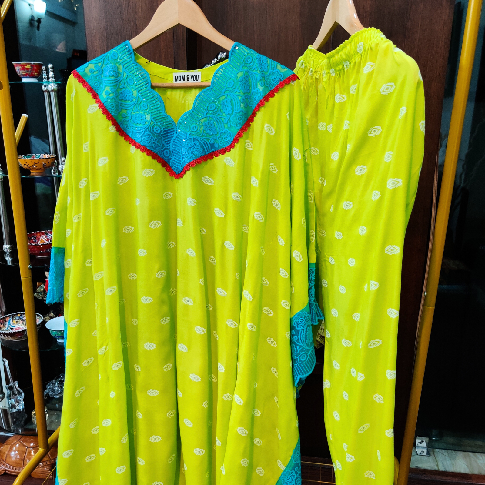 Lime Green Handblock Kurta Kaftan Cotton Stitched Co-Ord Set - Mom & You Clothing