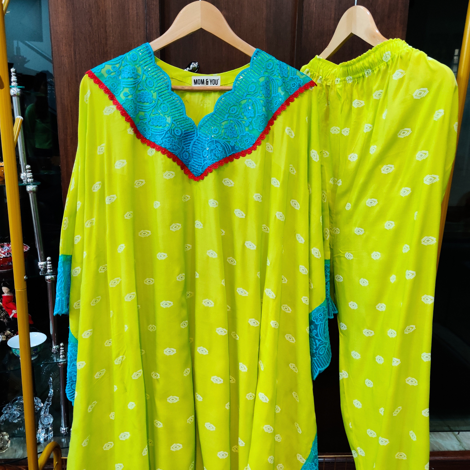 Lime Green Handblock Kurta Kaftan Cotton Stitched Co-Ord Set - Mom & You Clothing