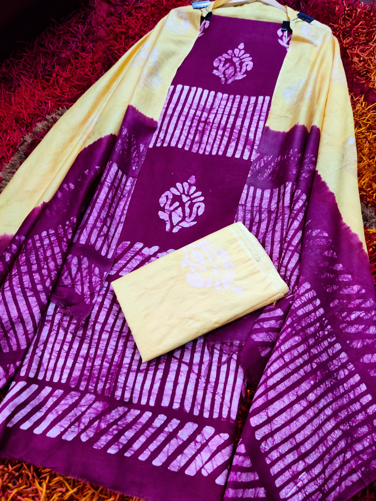 Maroon Batik Cotton Unstitched Dress Material Suit Set - Mom & You Clothing