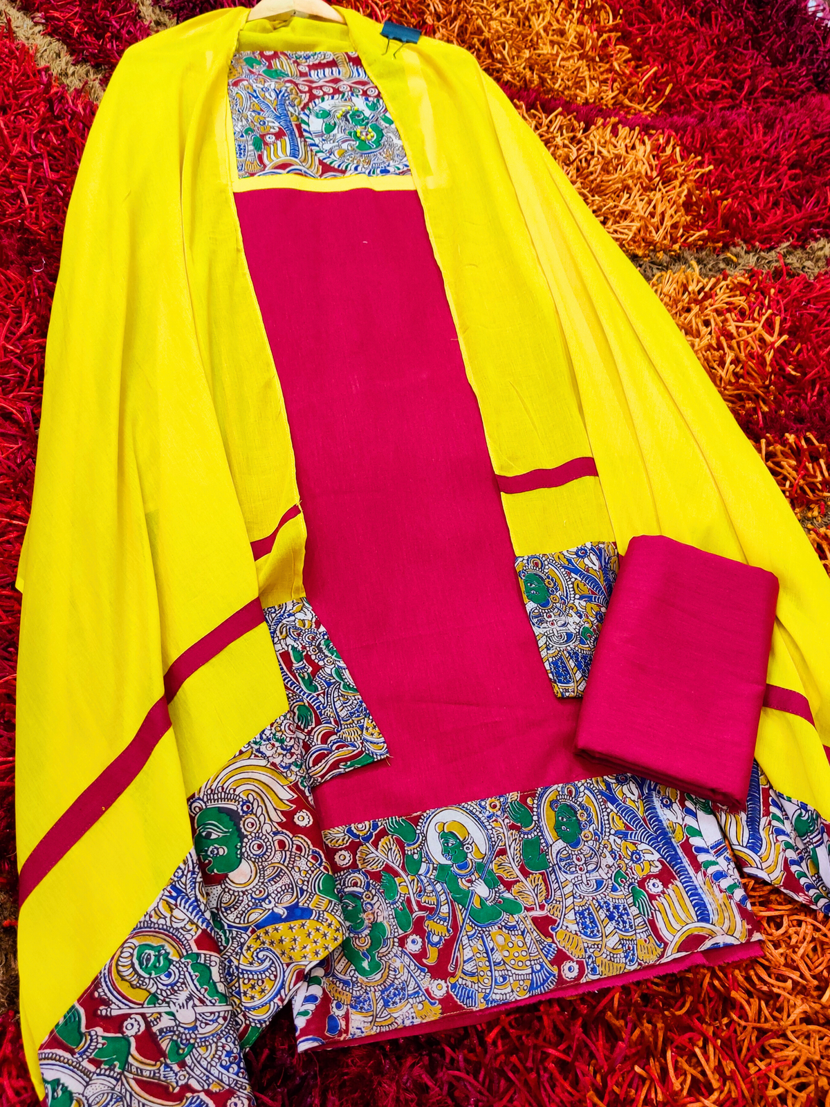 Maroon Kalamkari Cotton Unstitched Dress Material Suit Set - Mom & You Clothing