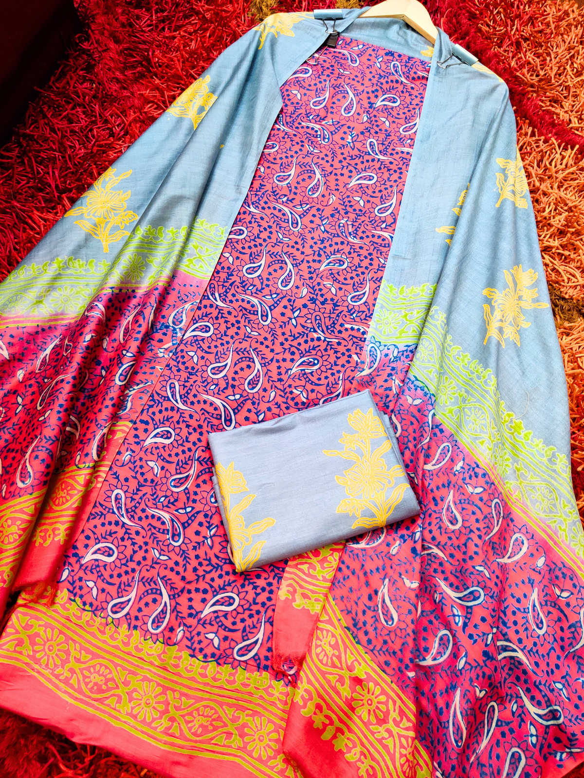 Maroon Paisley Madhubani Cotton Silk Unstitched Dress Material Suit Set - Mom & You Clothing