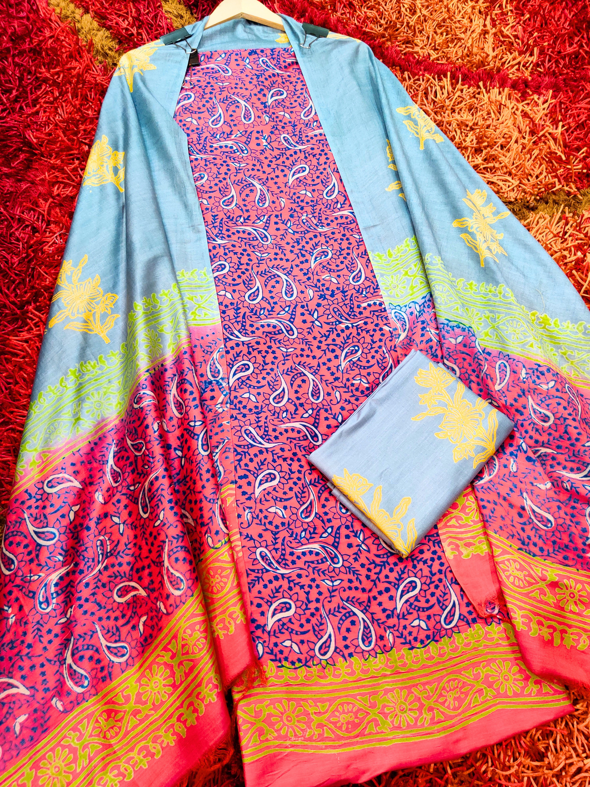 Maroon Paisley Madhubani Cotton Silk Unstitched Dress Material Suit Set - Mom & You Clothing