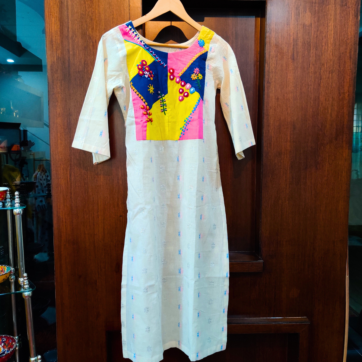 Off White Hand Embroidered Cotton Stitched Kurta - Mom & You Clothing