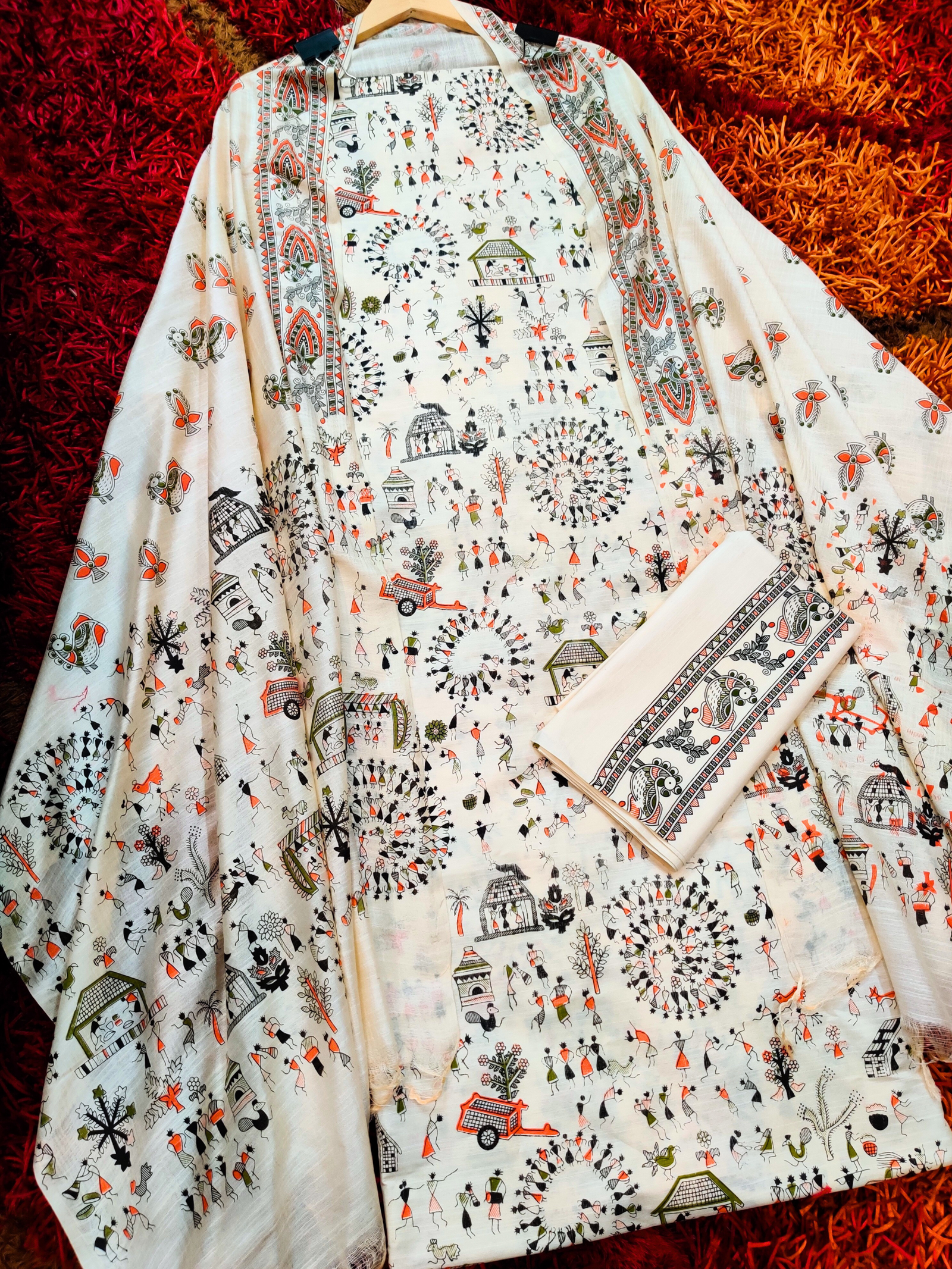 Off White Madhubani Cotton Silk Unstitched Dress Material Suit Set - Mom & You Clothing