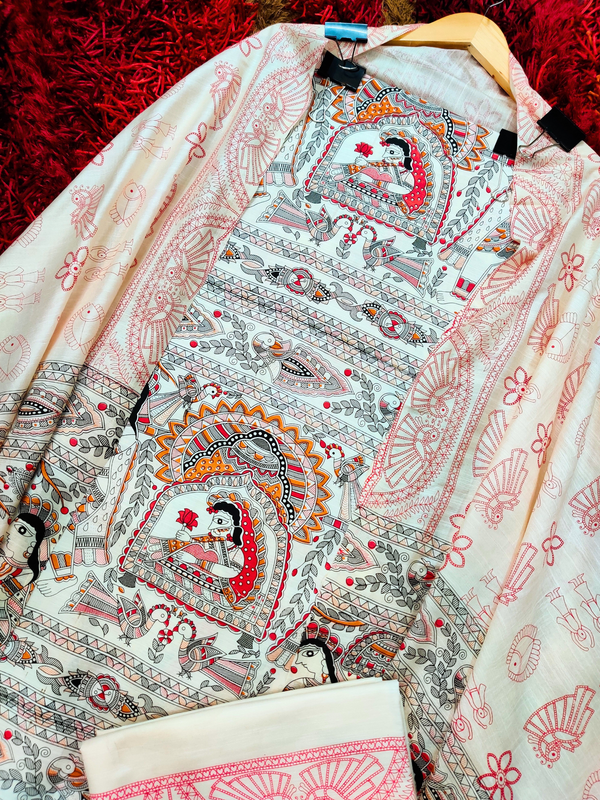 Off White Madhubani Cotton Silk Unstitched Dress Material Suit Set - Mom & You Clothing