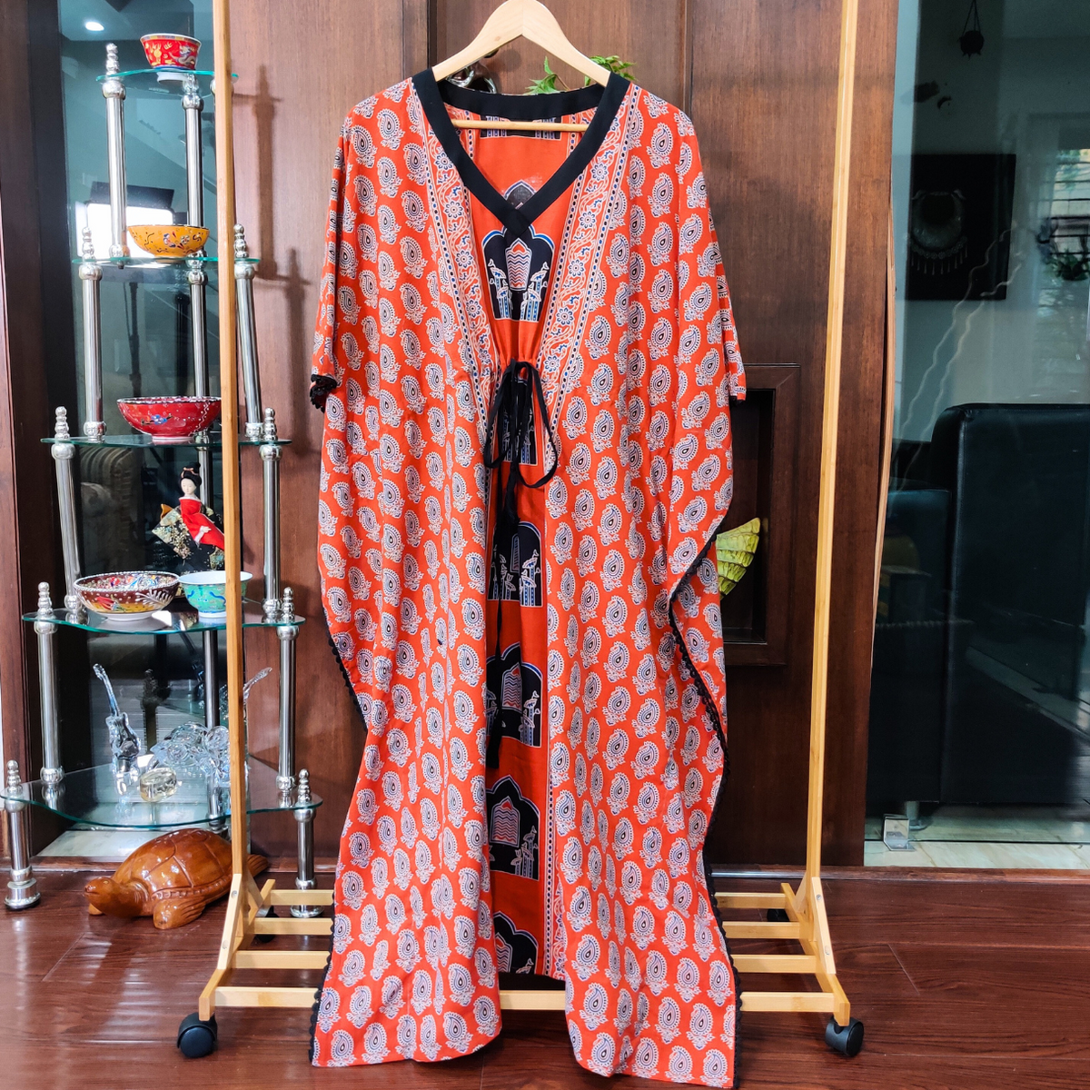 Orange Ajrakh Stitched Kurta Kaftan - Mom & You Clothing