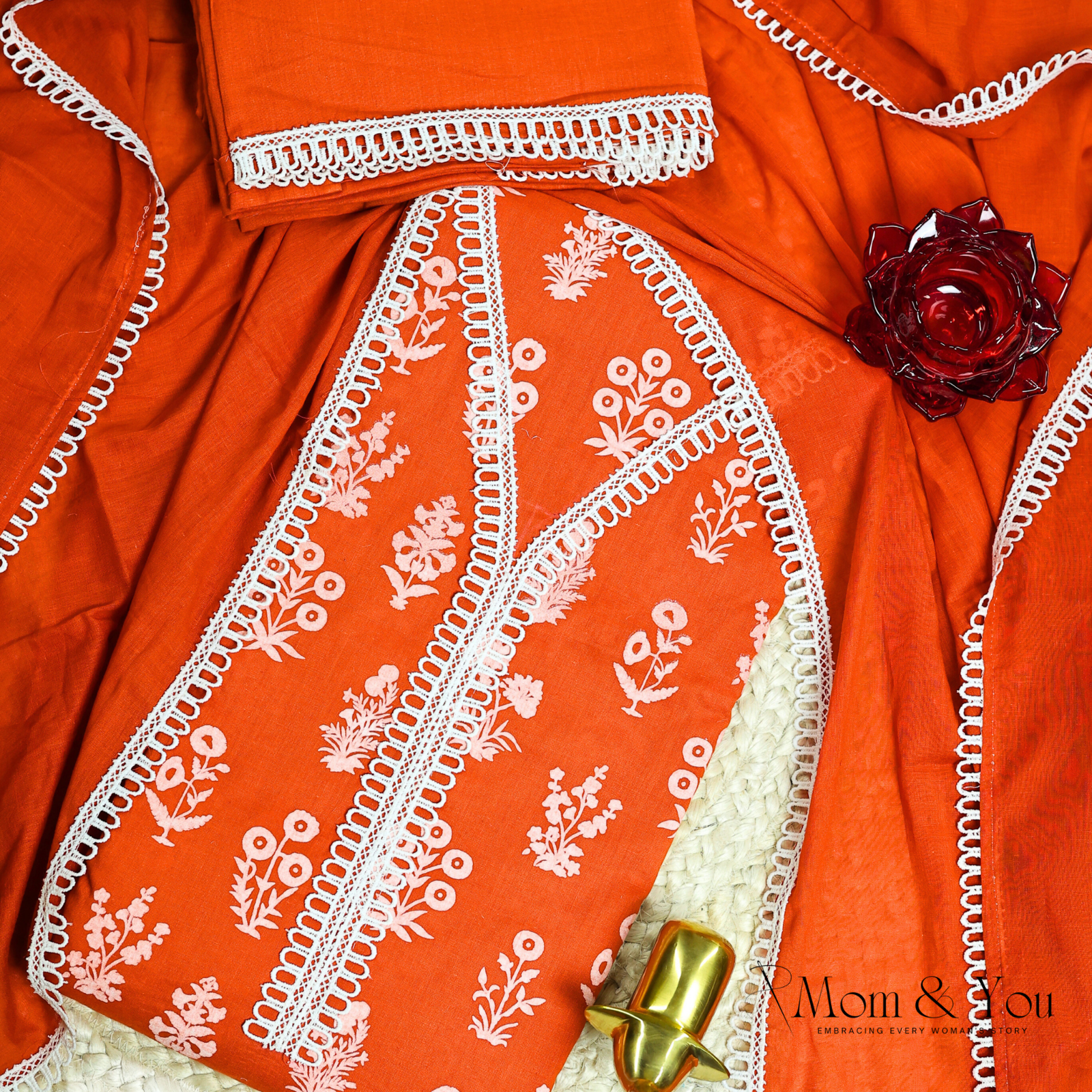 Orange Cotton Festive Unstitched Dress Material Suit Set - Mom & You Clothing