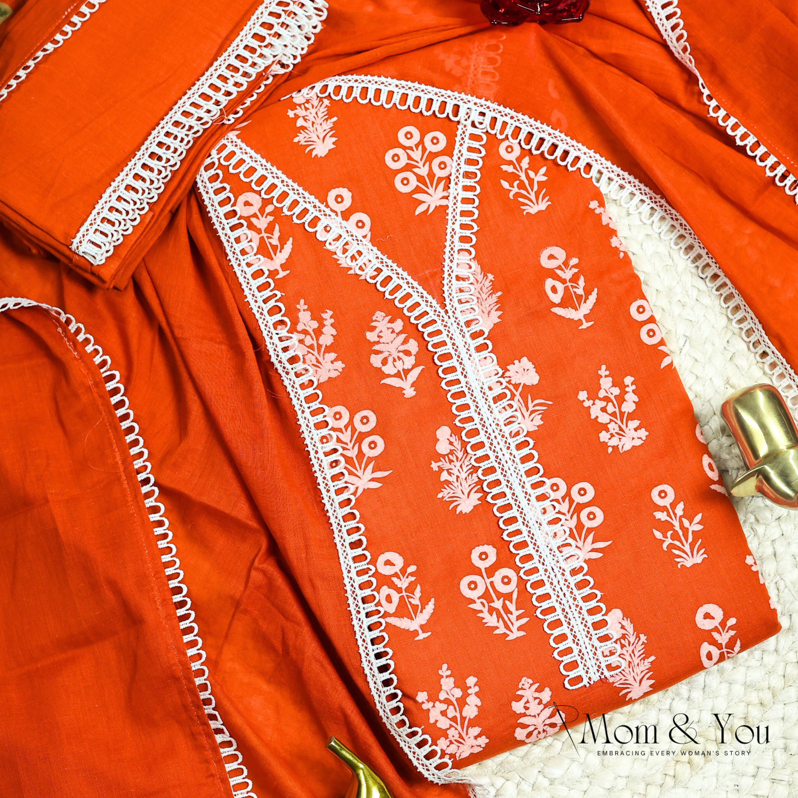 Orange Cotton Festive Unstitched Dress Material Suit Set - Mom & You Clothing