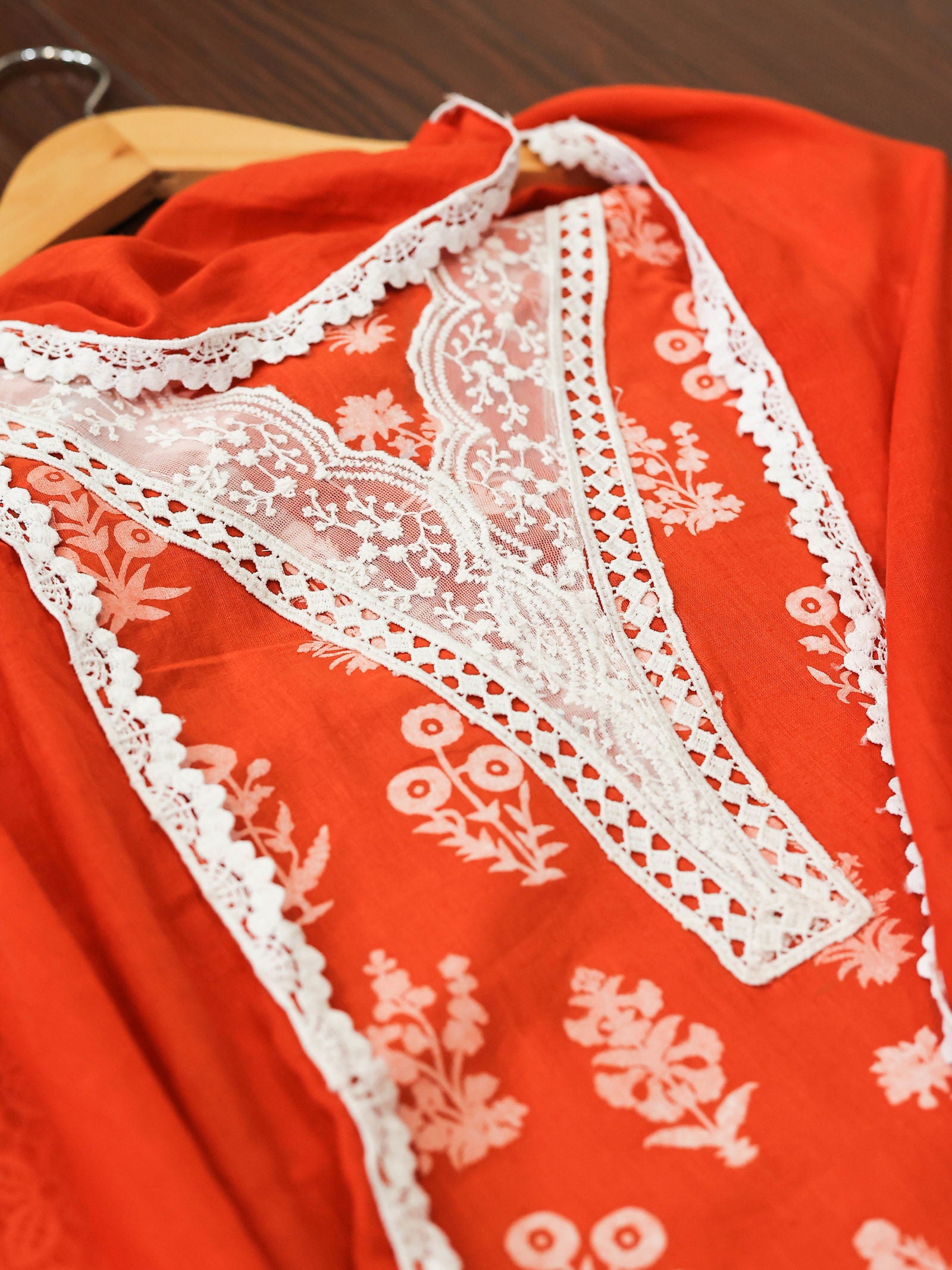 Orange Cotton Handblock Adorned with Elegant White Lace Unstitched Dress Material Suit Set - Mom & You Clothing