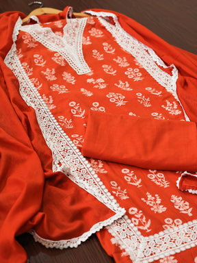 Orange Cotton Handblock Adorned with Elegant White Lace Unstitched Dress Material Suit Set - Mom & You Clothing