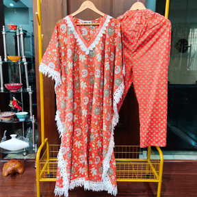 Orange Handblock Kurta Kaftan Cotton Stitched Co-Ord Set - Mom & You Clothing
