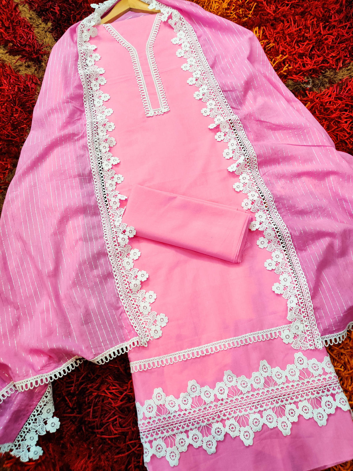 Pink Cotton Adorned with Elegant White Lace Unstitched Dress Material Suit Set - Mom & You Clothing