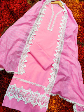 Pink Cotton Adorned with Elegant White Lace Unstitched Dress Material Suit Set - Mom & You Clothing